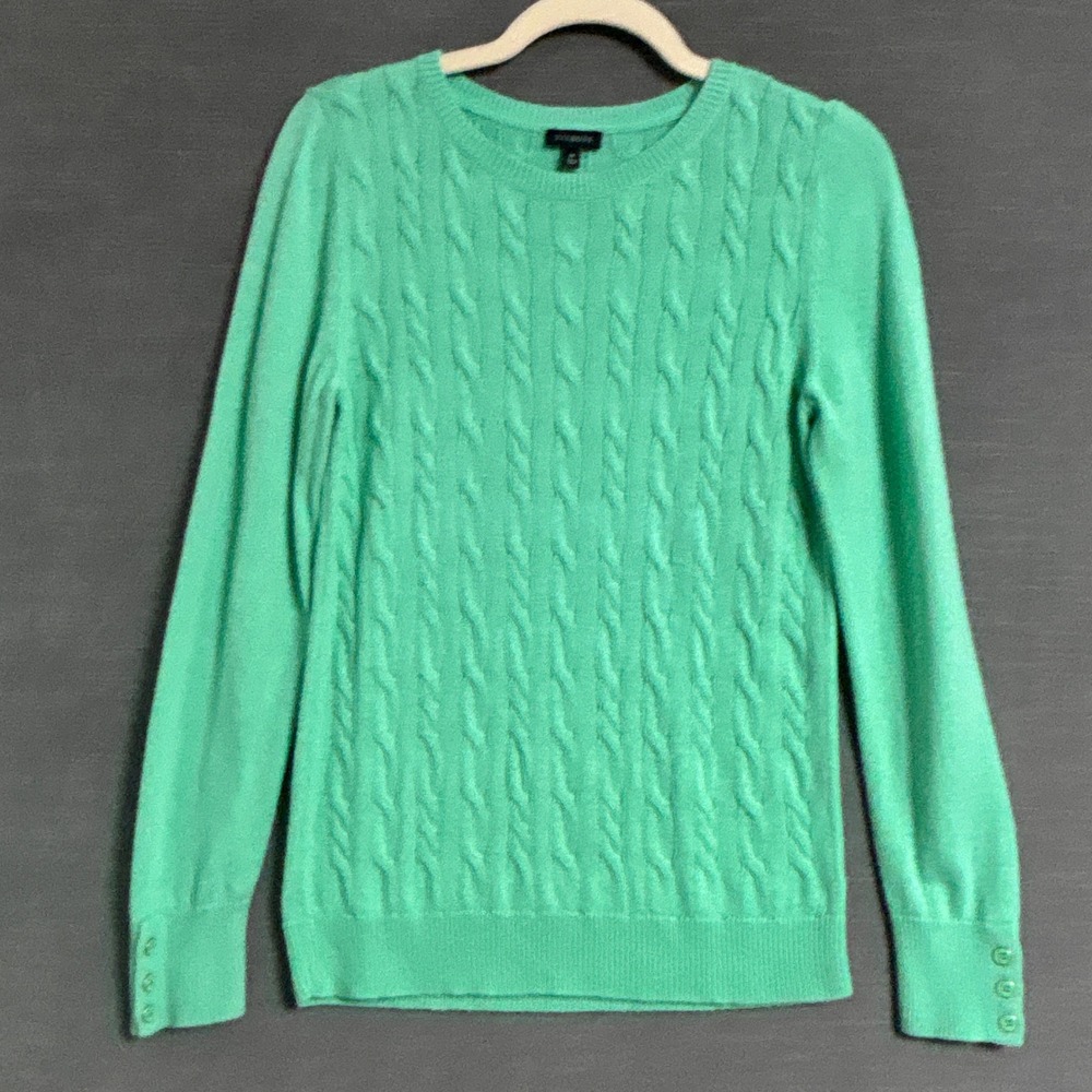 Talbots Sweater M Green Cable Knit Button Cuff Pullover Casual Preppy Fall Work